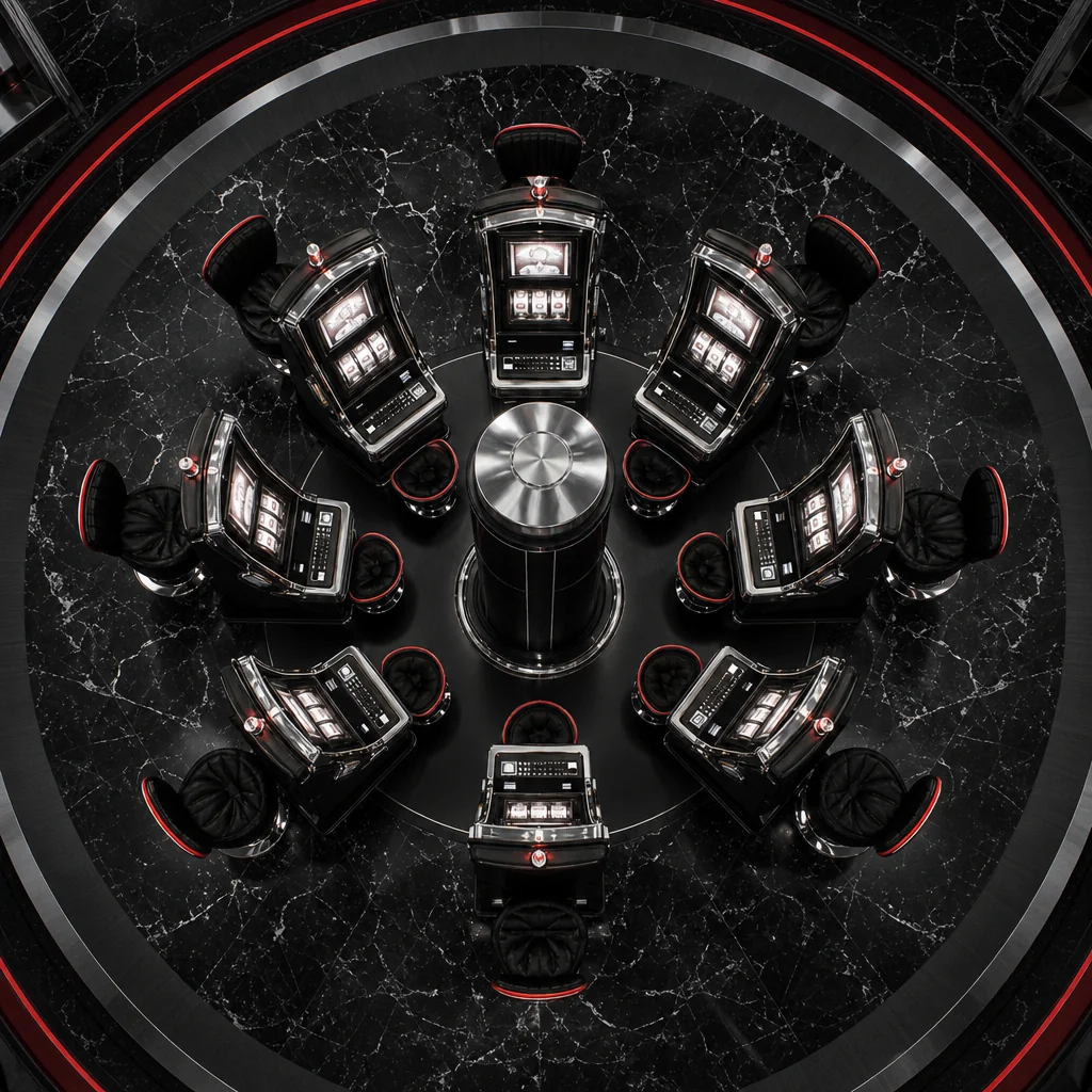 Premium slot machines on black satin with red accent lighting