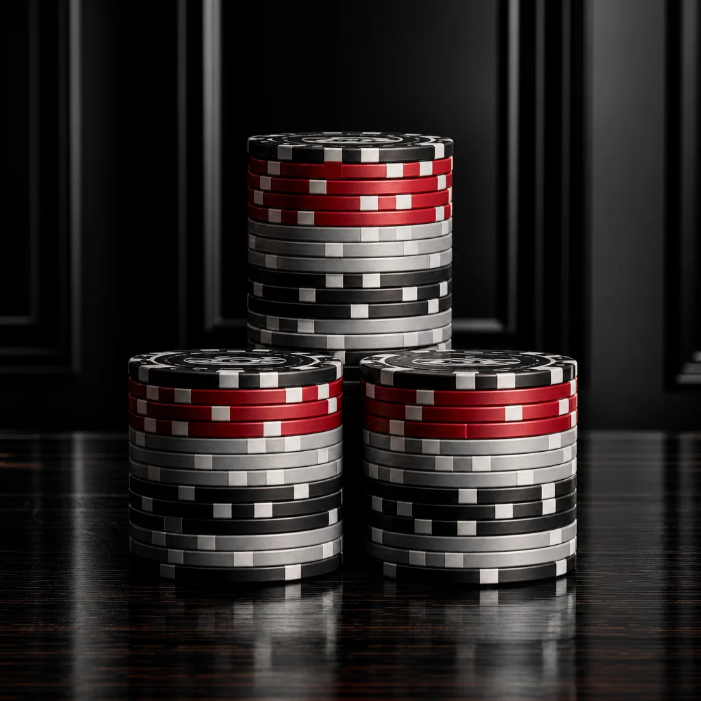 Macro stack of black chips with Bitcoin coin